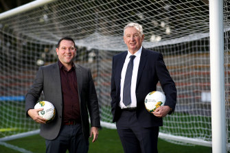 Football Australia CEO James Johnson with newly appointed chief football officer Ernie Merrick. 