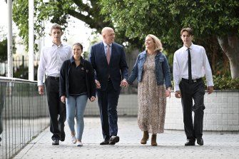 Former defence minister and the federal member for Dickson, Peter Dutton, pictured with his family, is expected to take the Liberal Party leadership. He is considered a “pragmatist”.