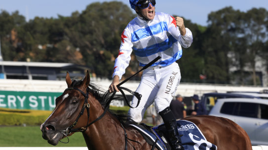Tommy Berry stands tall in the irons after Stay Inside’s dominant win in the Golden Slipper.