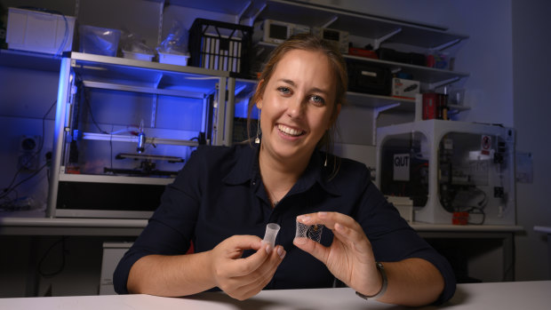 QUT PhD researcher Naomi Paxton is working on 3D printing a bioplastic scaffold that allows a patient's bone to regrow itself.