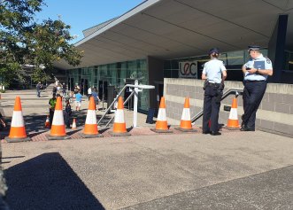 Entrance to the Logan centre where people are asked to check in through the Queensland app before entering. 