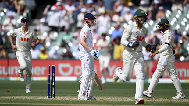 Brook looks on confused as the Australians celebrate.