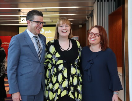 Rose Cox, centre, with Kookaburra Kids chief executive Chris Giles (left) and Medibank wellbeing and community general manager Karen Oldaker (right) in Melbourne on Tuesday.