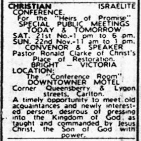 An advert for a talk by “pastor” Ronald Clarke in The Age of November 21, 1987.