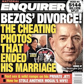 The front page of the January 28, 2019, edition of the National Enquirer featuring a story about Amazon founder and CEO Jeff Bezos\' divorce. 
