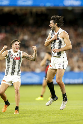Collingwood ruckman Brodie Grundy celebrates after kicking a goal in the fourth quarter of the Anzac Day match.
