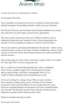 Open letter to all Australians wanting to migrate to the island of Arranmore.