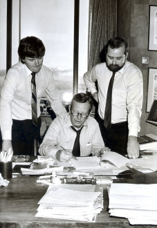 Age editor Creighton Burns flanked by  reporters David Wilson (left) and Lindsay Murdoch.