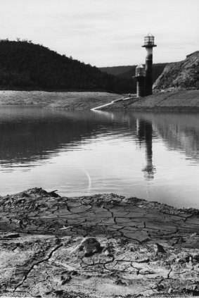 Upper Yarra Dam. The outlet towers are normally covered with water