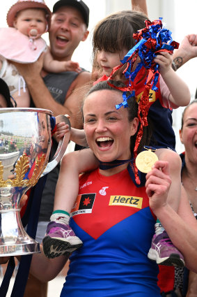 Daisy Pearce celebrates after Melbourne’s grand final triumph.