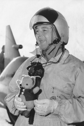 First day of trials: Donald Campbell, the British land and water speed record holder with his teddy bear 
mascot ‘Mr Whoppit’. He refused to drive unless the teddy bear was with him, May 1963.