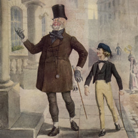  Mr Micawber and a young David Copperfield in an illustration from Dickens' novel, circa 1850. 