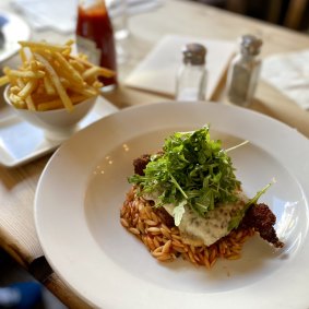 Chicken Schnitzel with orzo at the Milk House hotel, Kent.