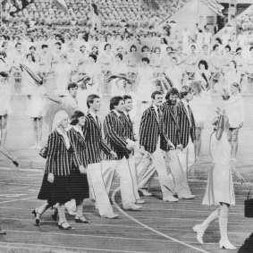 Australian team members march during the closing ceremony at Lenin Stadium on August 3, 1980.