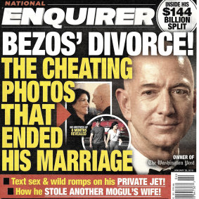 The front page of the January 28, 2019, edition of the National Enquirer featuring a story about Amazon founder and CEO Jeff Bezos\' divorce. 