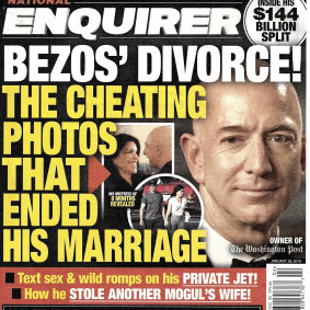 The front page of the January 28, 2019, edition of the National Enquirer featuring a story about Amazon founder and CEO Jeff Bezos' divorce. 