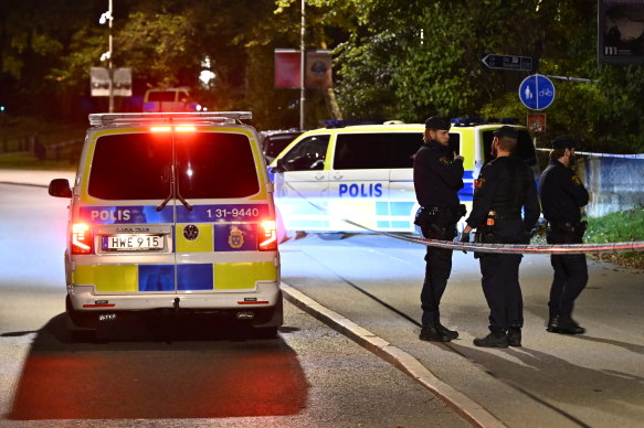 Police secure the area near the Israeli embassy in Stockholm after a suspected shooting on October 1.