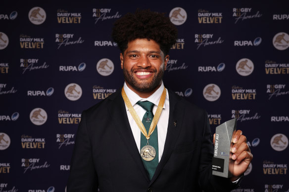 Rob Valetini poses with the John Eales Medal during the 2024 Rugby Australia Awards at Royal Randwick Racecourse.