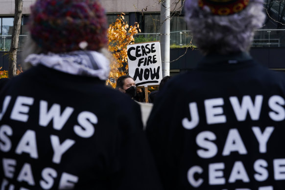 Protesters during a Jewish Voice for Peace rally that shut down the Henry M. Jackson federal building in Seattle on Friday.