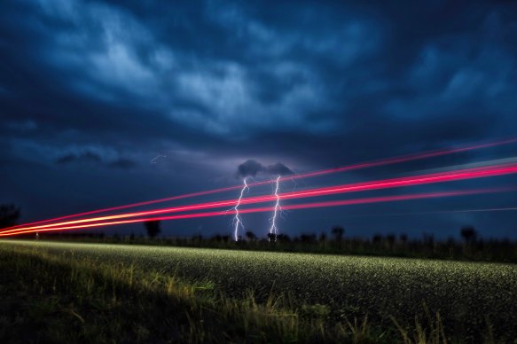 A double lightning strike hits the Western Plains of NSW near Nyngan, as storms swept the region on November 24, 2023.