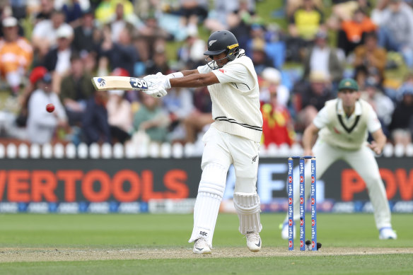 Rachin Ravindra of New Zealand bats during day three. 