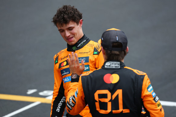 Lando Norris and Oscar Piastri after the race in Shanghai.