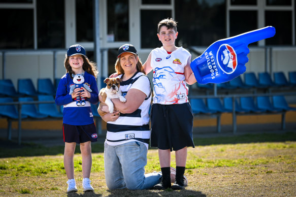 Felicity Ellis still has a soft spot for the Cats, but now supports the Western Bulldogs, who her husband and children, Georgia and Seb (pictured), follow.