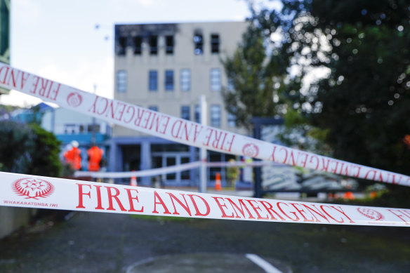 A general view of the scene after a fire at Loafers Lodge on May 16, 2023 in Wellington, New Zealand.