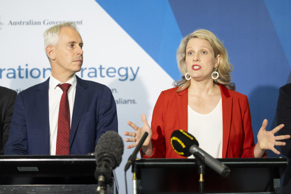 Andrew Giles and Clare O’Neil announce the new migration strategy in Canberra on Monday.