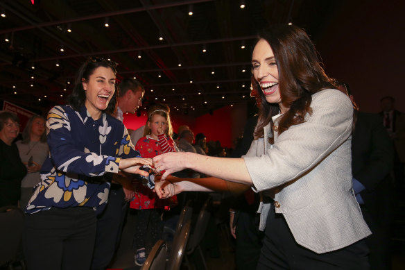 Prime Minister Jacinda Ardern greets a supporter after making a speech at Labour Party Congress 2020 in Wellington.