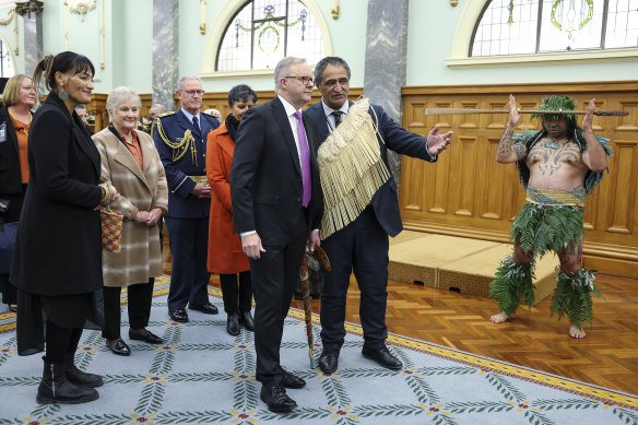 Prime Minister Anthony Albanese speaks to Kaikōrero Kura Moeahu during a ceremony of Welcome at Parliament in Wellington, New Zealand.