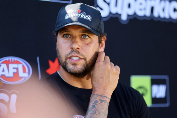 Lance Franklin at a rare media appearance on Tuesday.