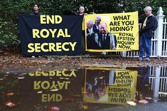 Protesters from anti-monarchy group Republic demonstrate at the entrance to Windsor Great Park, where Prince Andrew lives.