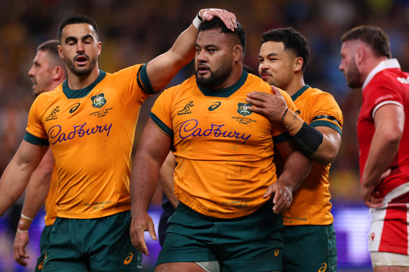 Taniela Tupou celebrates scoring a try against Wales in Sydney.