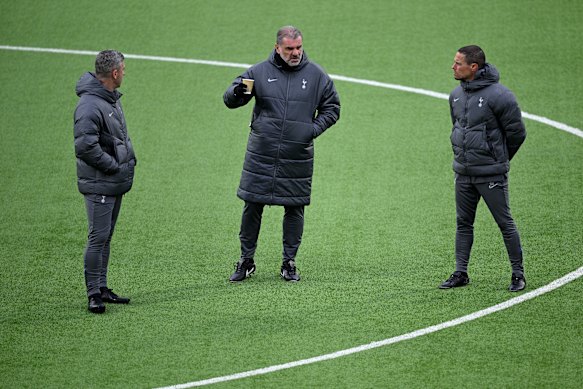 Ange Postecoglou (centre) with the ex-Mariners’ coaching double act Nick Montgomery (left) and Sergio Raimundo (right).