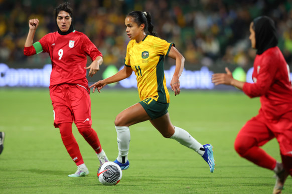 Mary Fowler on the ball against Iran.