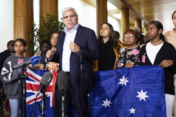 Warren Mundine with Senator Jacinta Nampijinpa Price and other opponents of the government’s Voice proposal at Parliament House.