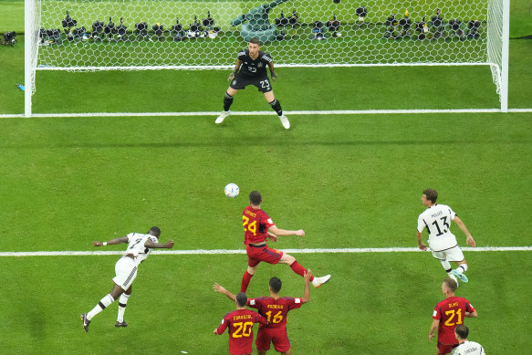 Germany’s Antonio Ruediger (left) heads a goal but he was later ruled off-side.