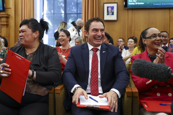 NZ Labour MPs Nanaia Mahuta, Stuart Nash and Jenny Salesa enjoy a laugh on Tuesday. The new Parliament has 16 Maori MPs, and a large number of women, gay and young members.