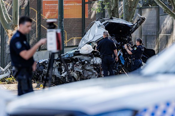Wreckage of the NSW Police vehicle.