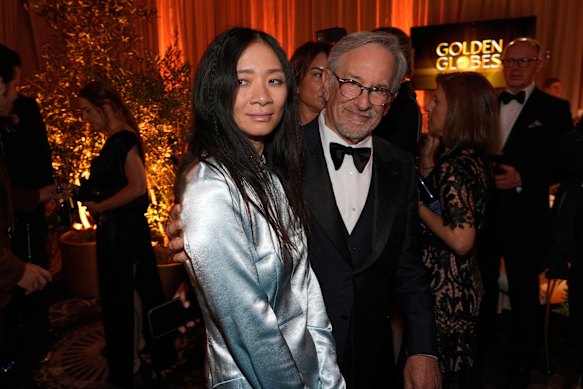 Chloé Zhao, left, and Steven Spielberg at the 83rd Golden Globes.