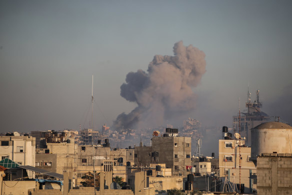 Smoke rising from Israeli air strikes on the city of Khan Yunis.