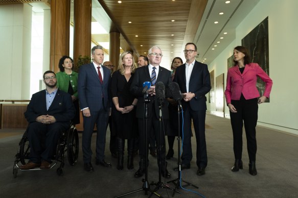 The Bring Julian Assange Home Parliamentary group at a press conference in May 2023.