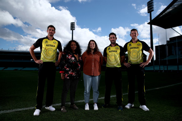 Mitchell Starc, Aunty Fiona Clarke, Courtney Hagen, Glenn Maxwell and Josh Hazlewood at Australia’s T20 World Cup kit reveal at the SCG on Wednesday.