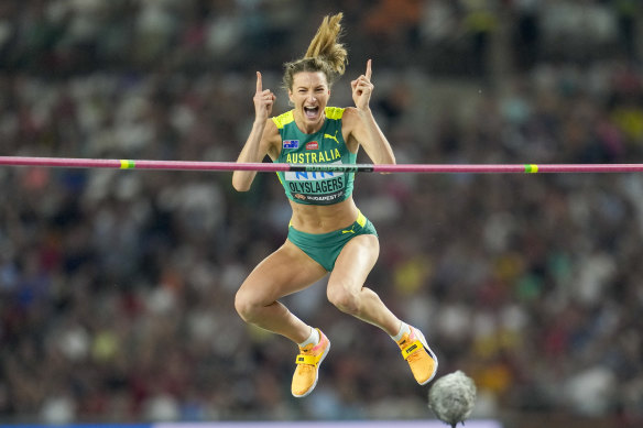 Nicola Olyslagers flying high at last year’s world athletics championships in Budapest.