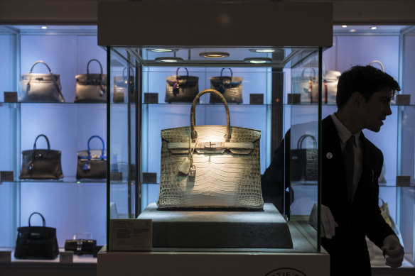The holy grail of handbags: This  Birkin in matte Himalayan crocodile leather sold for $US437,330 at Christie’s auction in Hong Kong in November 2020.