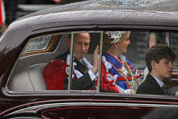 Prince Edward, Duke of Edinburgh, Sophie, Duchess of Edinburgh and James Mountbatten-Windsor, Earl of Wessex attend the Coronation of King Charles III and Queen Camilla.