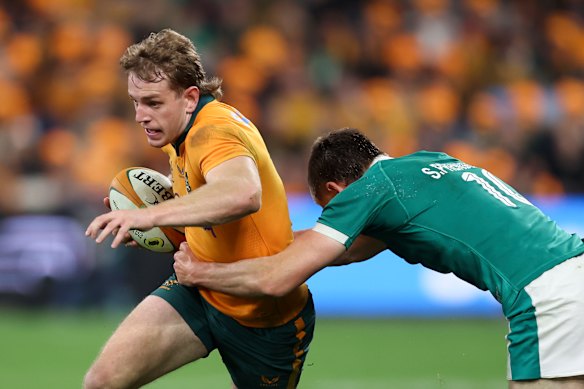 Max Jorgensen tries to break through the Wallabies defence.