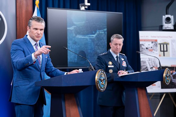 US Defence Secretary Pete Hegseth speaks at a news conference with Joint Chiefs Chairman General Dan Caine at the Pentagon.