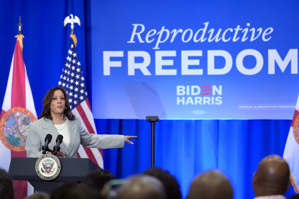Vice President Kamala Harris speaks about the implementation of Florida’s abortion ban at an event in Jacksonville, Florida.
